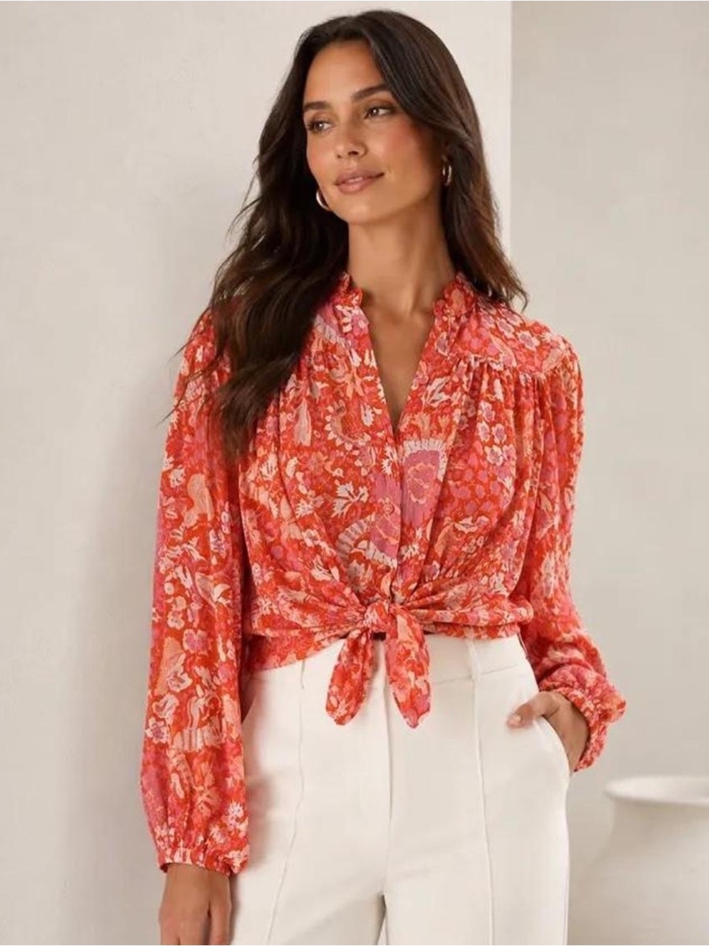 Rachel Zoe Orange Pink Floral Long Sleeve Tie Front Crop Blouse Size XL
